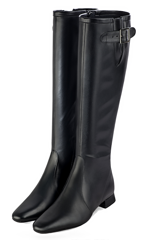 Satin black women's knee-high boots with buckles. Square toe. Flat flare heels. Made to measure. Front view - Florence KOOIJMAN